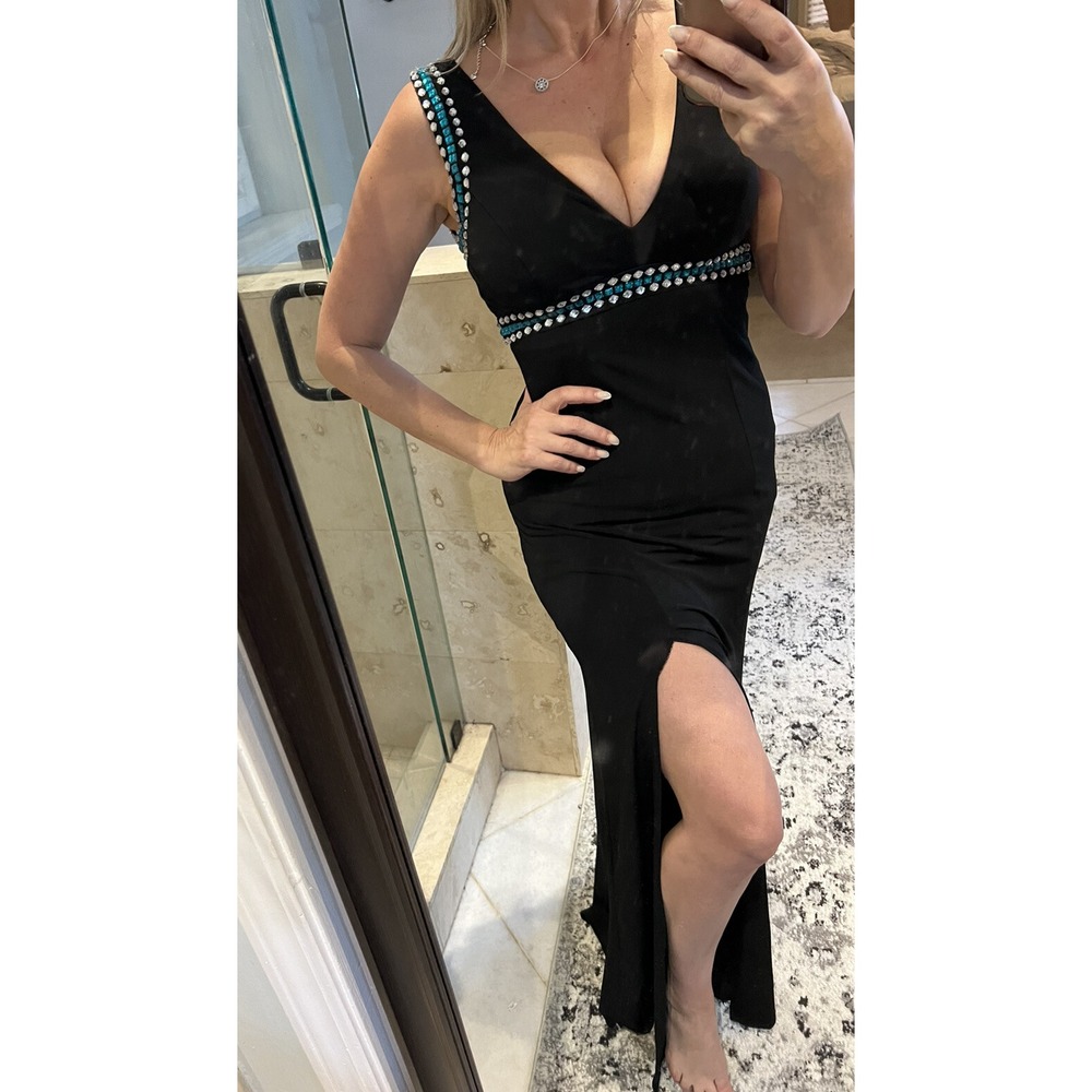 Sequin Hearts Black Jersey Prom Dress Crystal Embellished Leg Slit Size 5